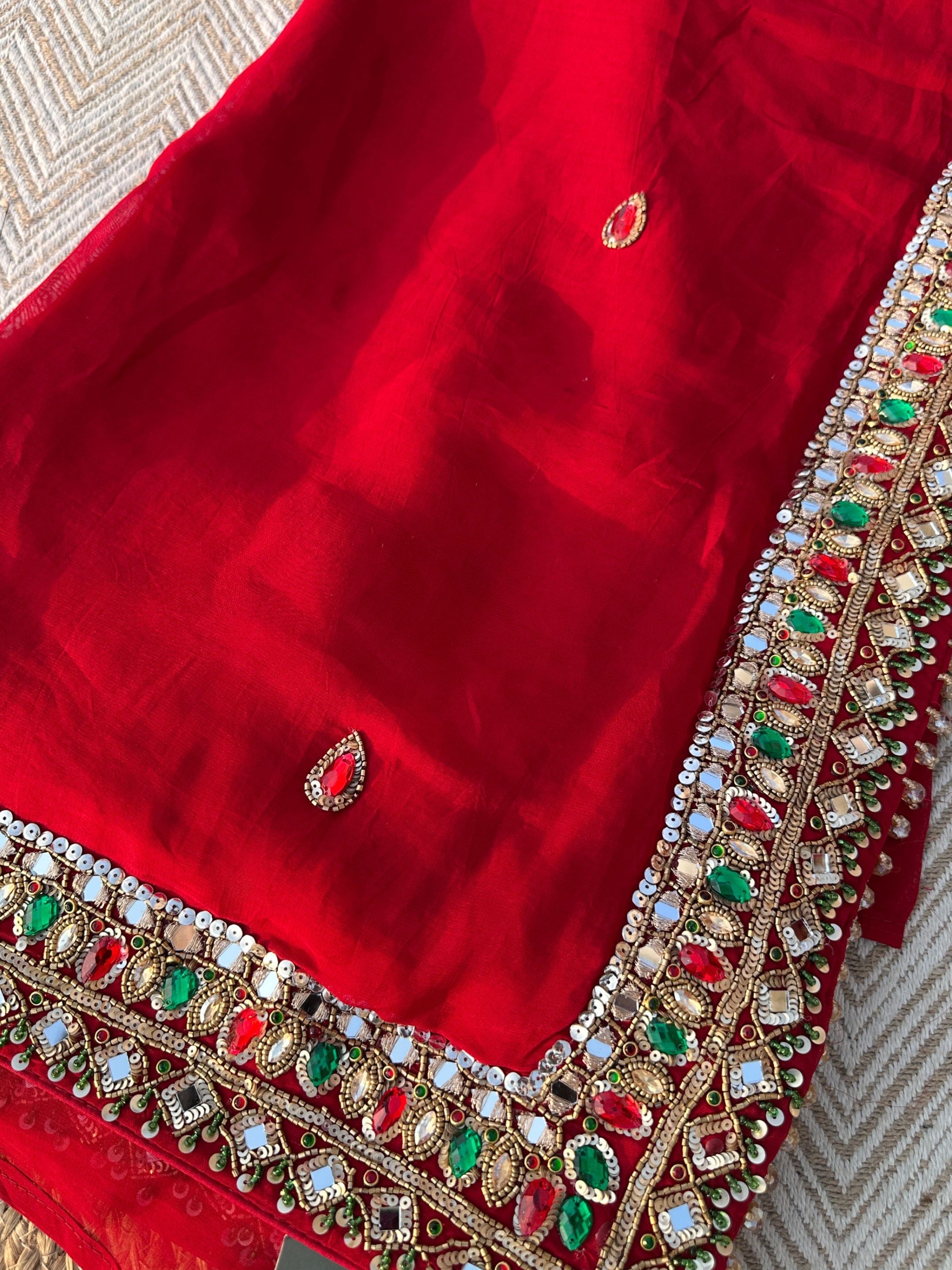 Red Georgette Saree with Raw Silk Blouse with Sequins, Mirror, Stone and Kundan Embroidery 5