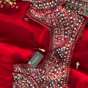 Red Georgette Saree with Raw Silk Blouse with Sequins, Mirror, Stone and Kundan Embroidery 6