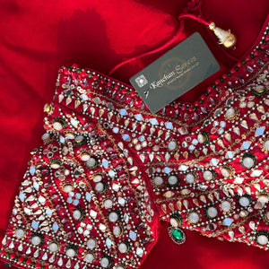 Red Georgette Saree with Raw Silk Blouse with Sequins, Mirror, Stone and Kundan Embroidery 7