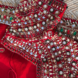 Red Georgette Saree with Raw Silk Blouse with Sequins, Mirror, Stone and Kundan Embroidery 8
