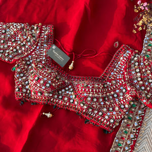 Red Georgette Saree with Raw Silk Blouse with Sequins, Mirror, Stone and Kundan Embroidery 9