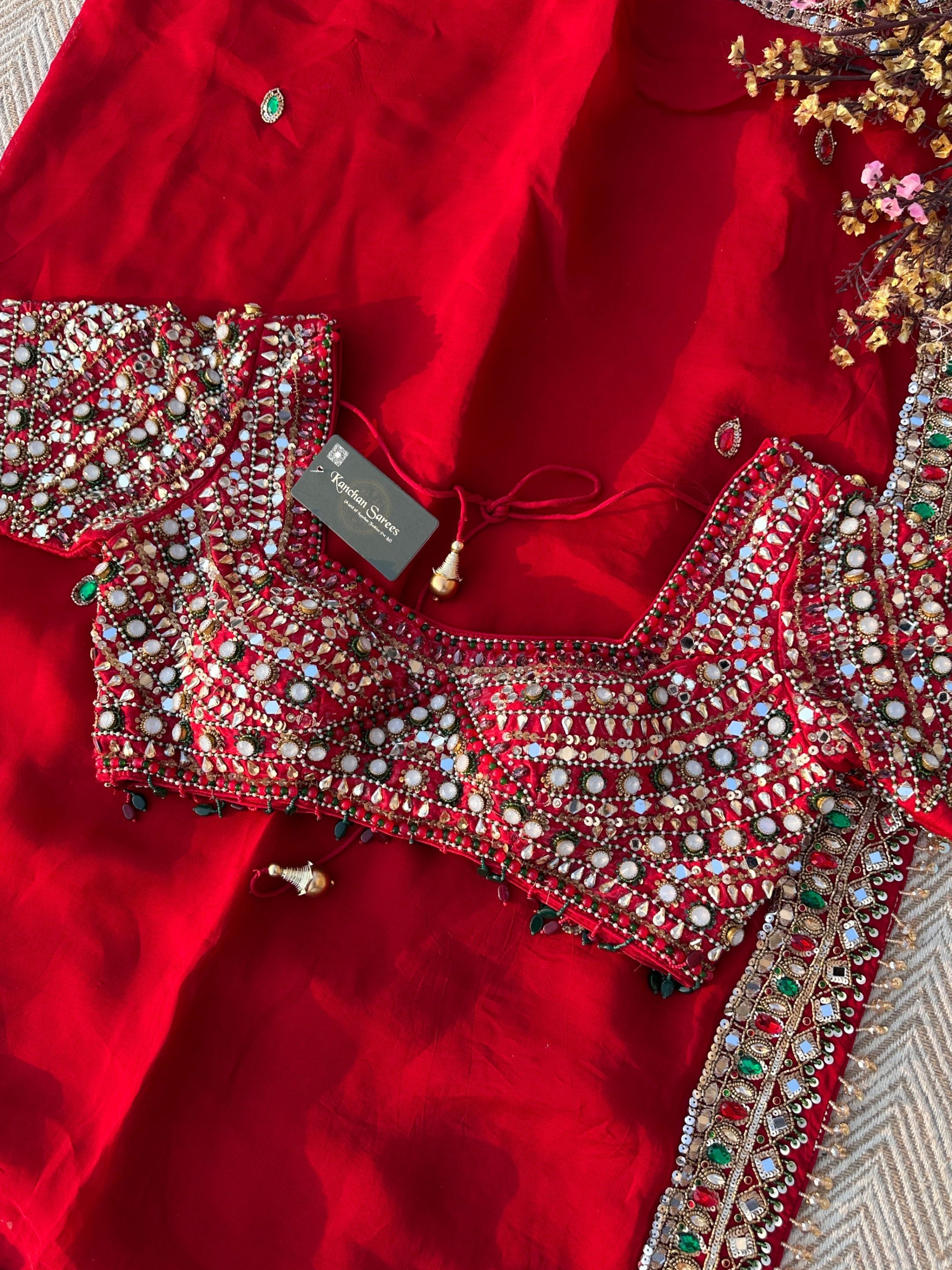 Red Georgette Saree with Raw Silk Blouse with Sequins, Mirror, Stone and Kundan Embroidery 9