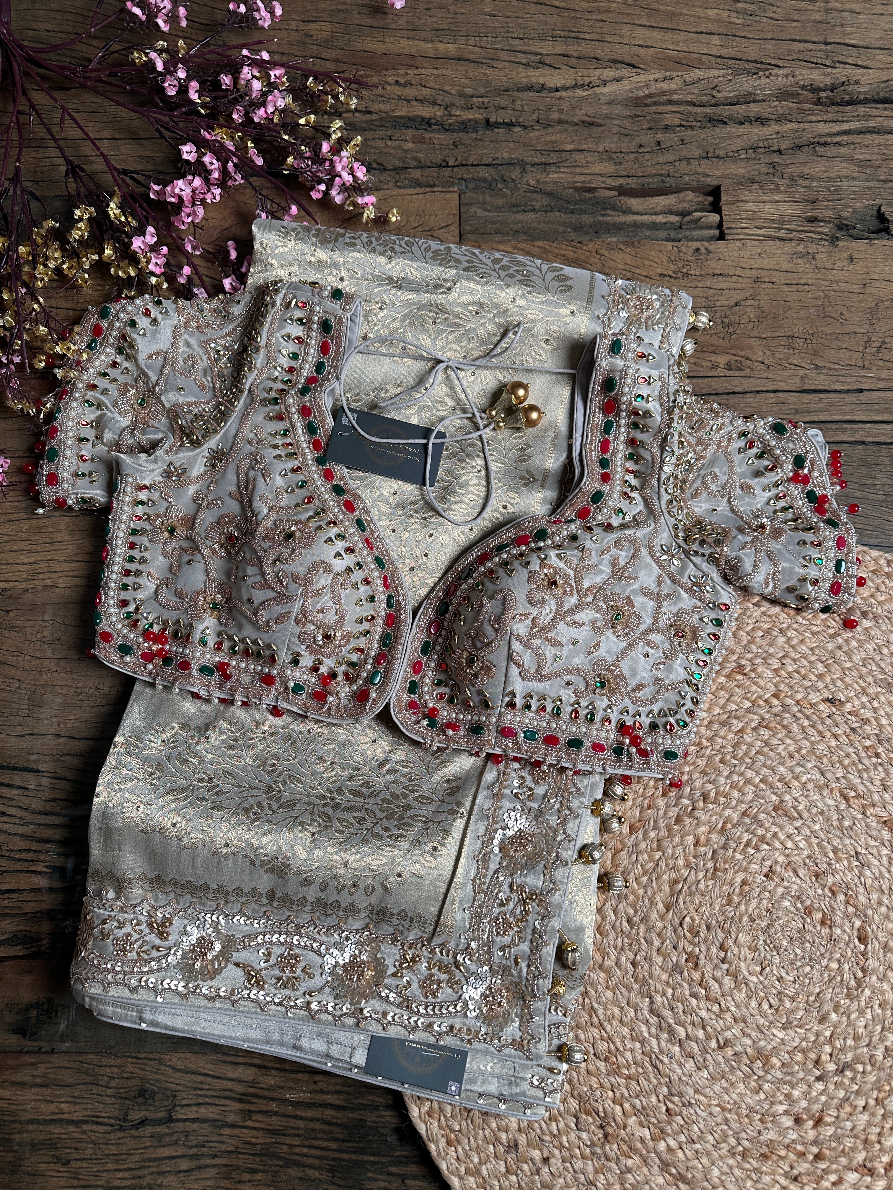 Tussar Tissue Silk Saree with Blouse with Beads, Kundan, Moti and Pearl Embroidery 1
