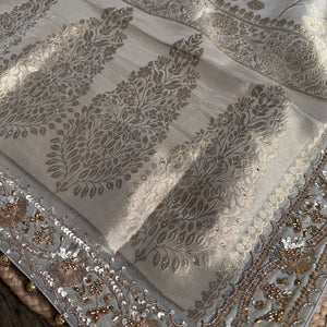 Tussar Tissue Silk Saree with Blouse with Beads, Kundan, Moti and Pearl Embroidery 12