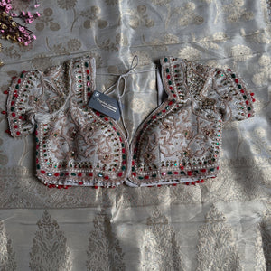 Tussar Tissue Silk Saree with Blouse with Beads, Kundan, Moti and Pearl Embroidery 13