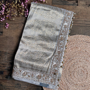 Tussar Tissue Silk Saree with Blouse with Beads, Kundan, Moti and Pearl Embroidery 5