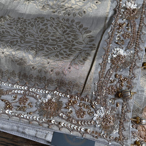 Tussar Tissue Silk Saree with Blouse with Beads, Kundan, Moti and Pearl Embroidery 6