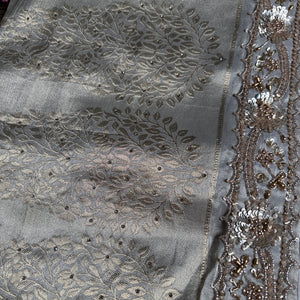 Tussar Tissue Silk Saree with Blouse with Beads, Kundan, Moti and Pearl Embroidery 7