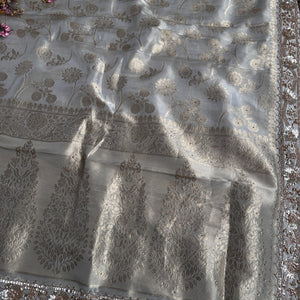 Tussar Tissue Silk Saree with Blouse with Beads, Kundan, Moti and Pearl Embroidery 8