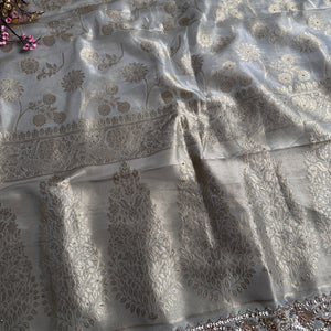 Tussar Tissue Silk Saree with Blouse with Beads, Kundan, Moti and Pearl Embroidery 9