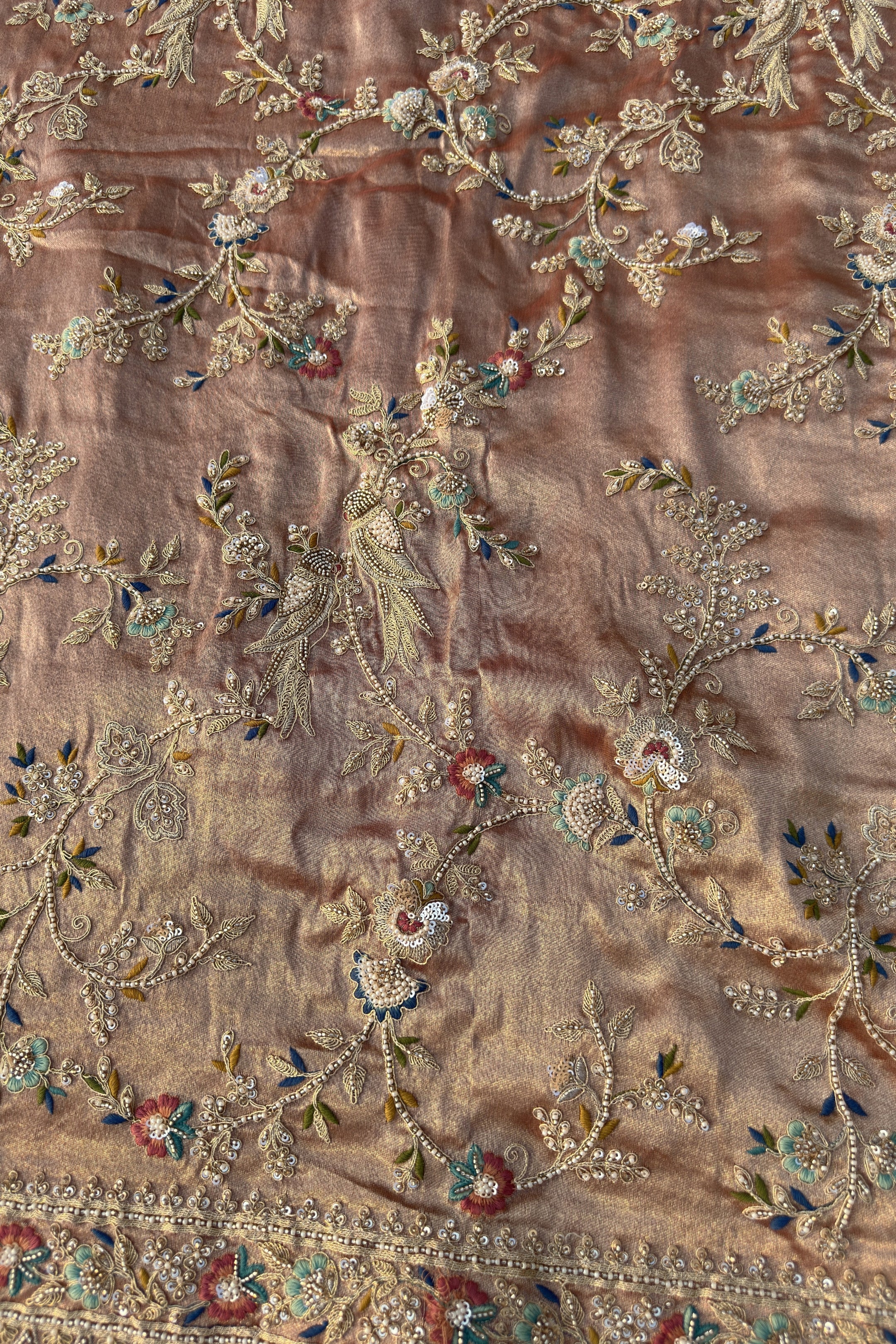 Pink Tissue Saree Embellished With Moti, Thread, Sequins & Cut Dana Work
