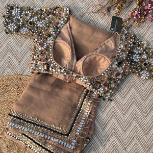 Beige Organza Saree & Net Blouse Embellished With Stone, Moti, Mirror & Kundan Work