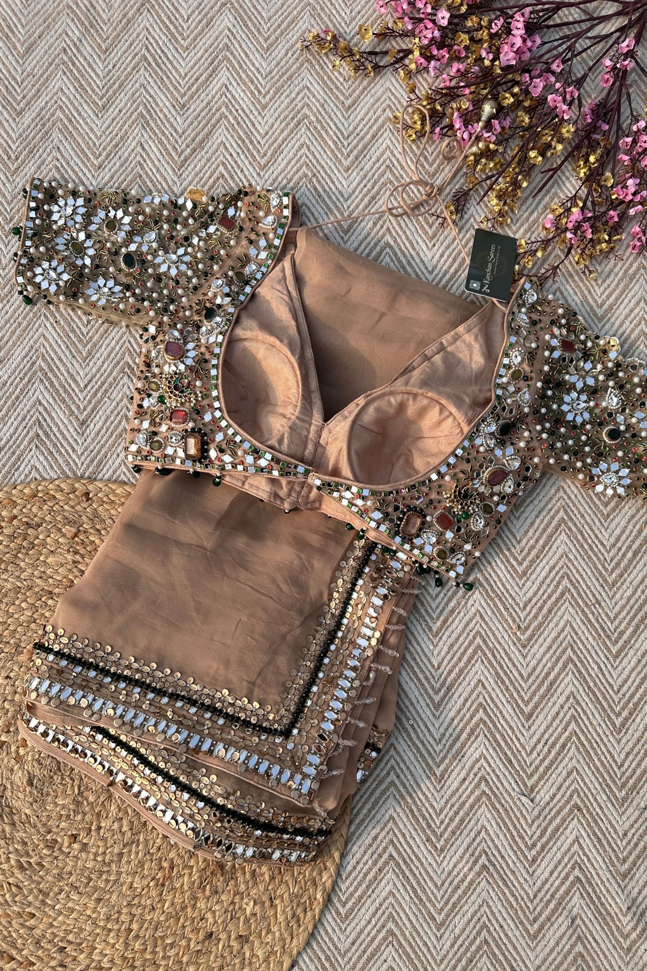 Beige Organza Saree & Net Blouse Embellished With Stone, Moti, Mirror & Kundan Work