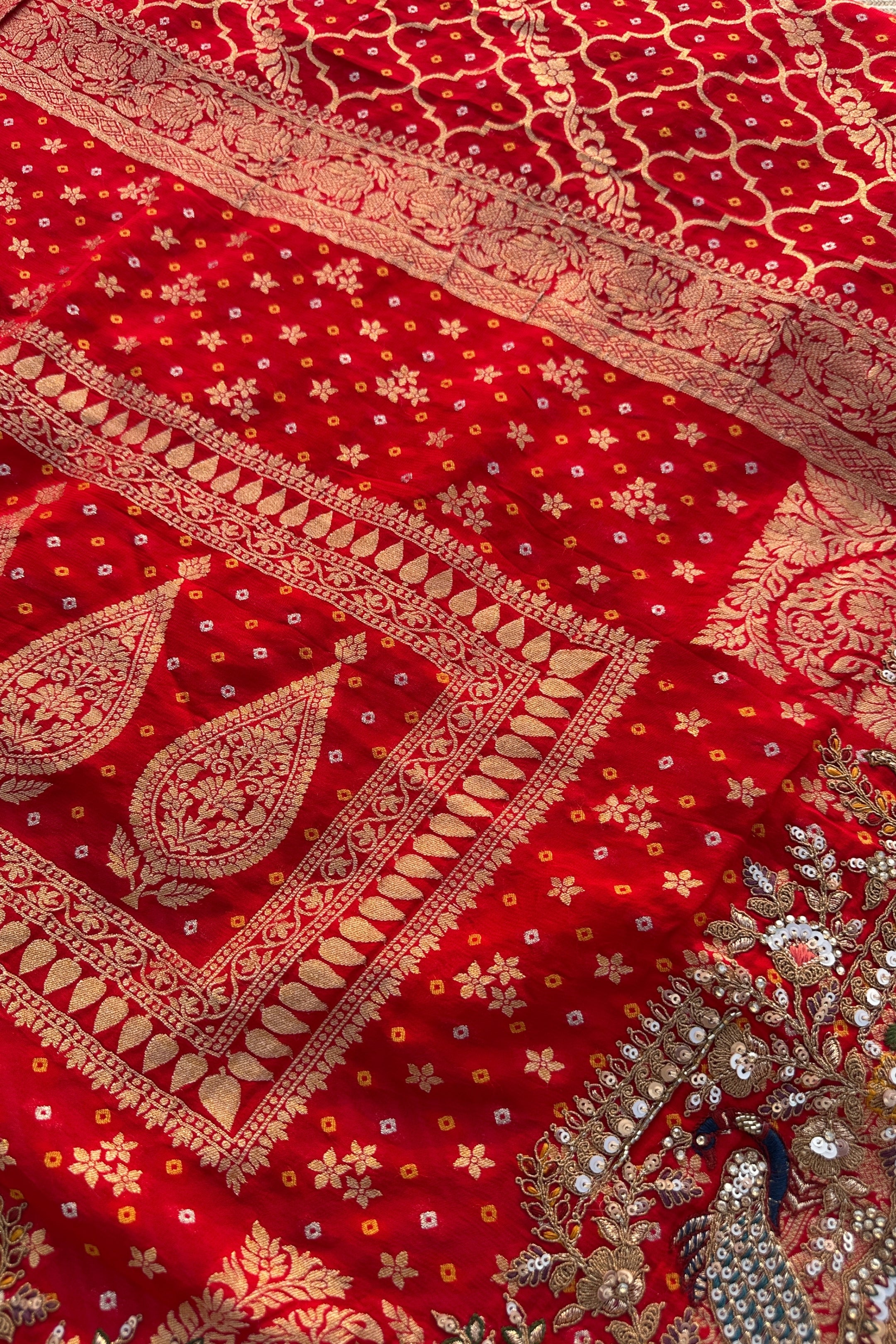 Red Georgette Unstitched Saree Embellished With Zarkan, Sequins, Thread & Cutdana work