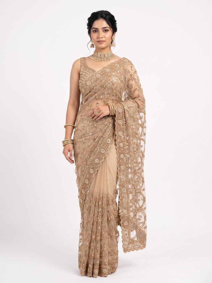 Net Saree Embellished With Cutdana, Sequins & Pearl Work