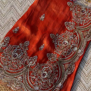 Orange Tissue Saree With Moti, Stone, Cutdana & Zari Work