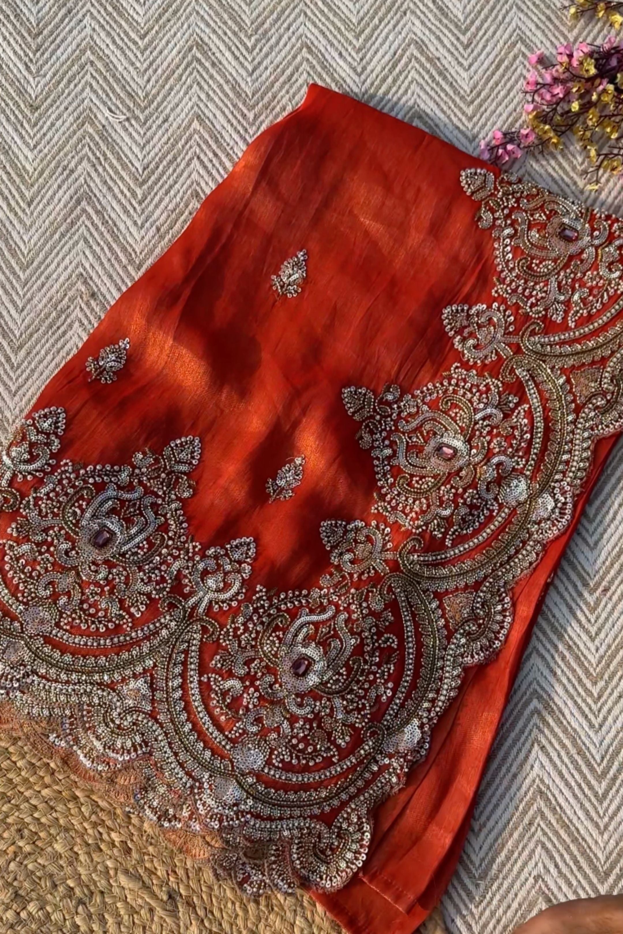 Orange Tissue Saree With Moti, Stone, Cutdana & Zari Work