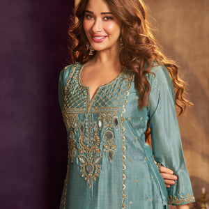 Dusty Teal Blue Chinon Suit, Sharara And Dupatta with Zari, Cutdana, Sequins and Mirror Work