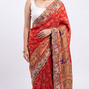 Red Georgette Unstitched Saree With Sequins, Moti, Thread & Zari Work