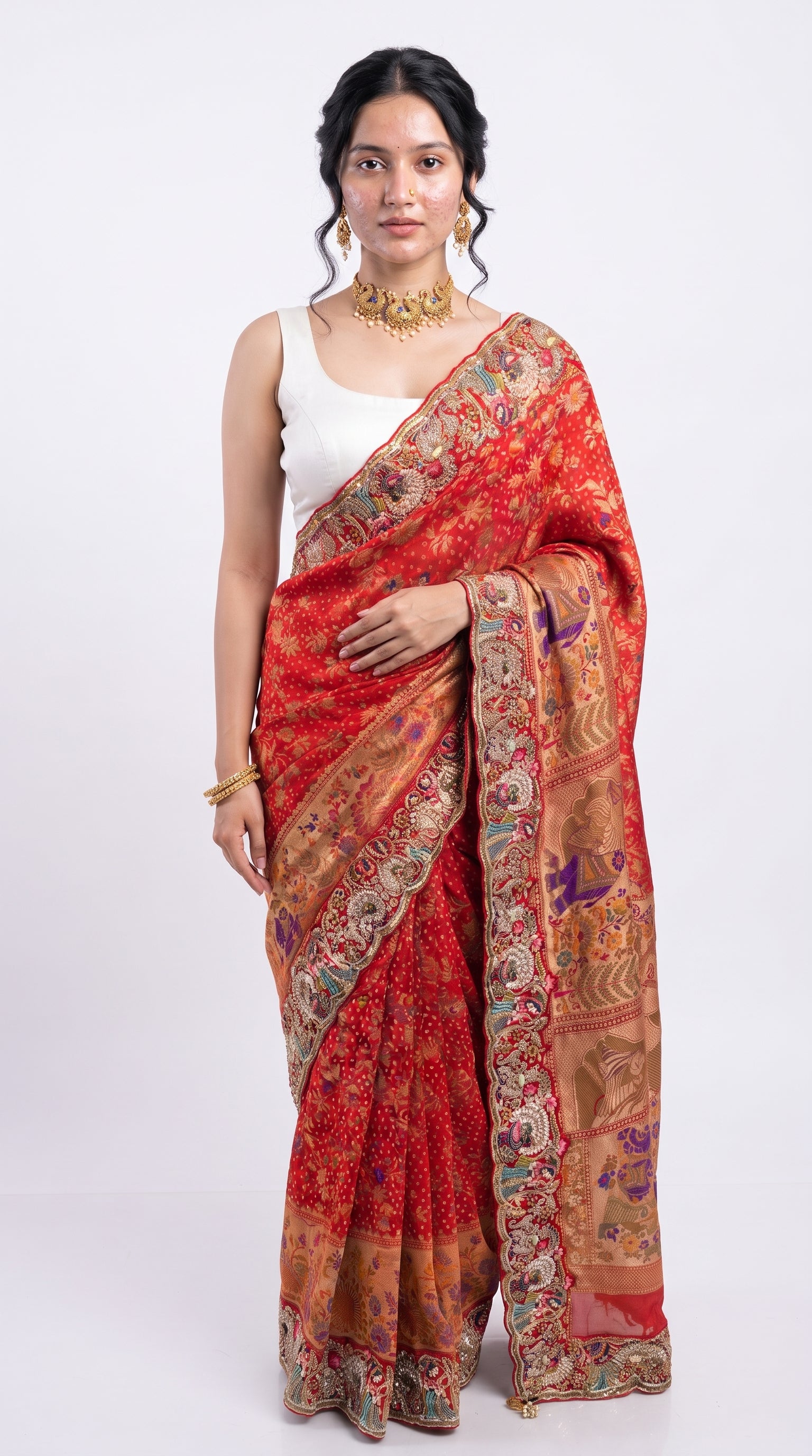 Red Georgette Unstitched Saree With Sequins, Moti, Thread & Zari Work