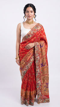 Red Georgette Unstitched Saree With Sequins, Moti, Thread & Zari Work