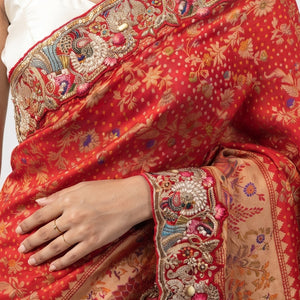 Red Georgette Unstitched Saree With Sequins, Moti, Thread & Zari Work