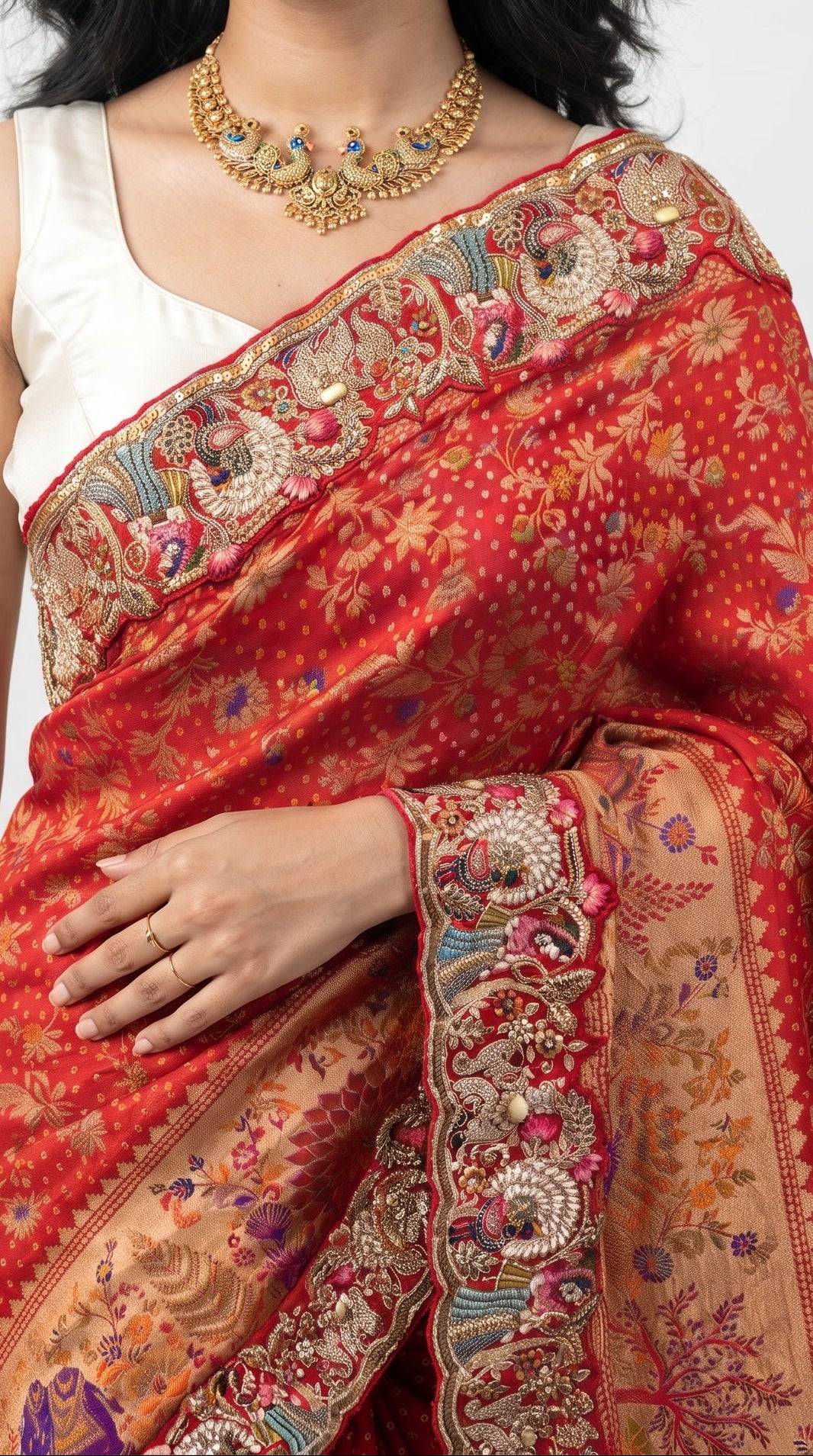 Red Georgette Unstitched Saree With Sequins, Moti, Thread & Zari Work