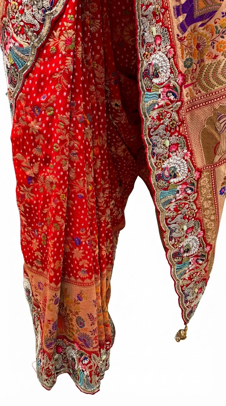 Red Georgette Unstitched Saree With Sequins, Moti, Thread & Zari Work