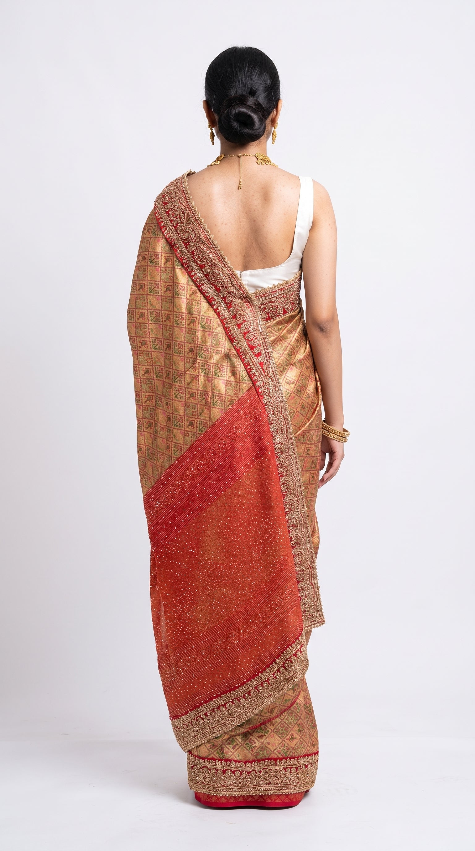Red Georgette Unstitched Saree With Sequins, Moti, Thread & Zari Work