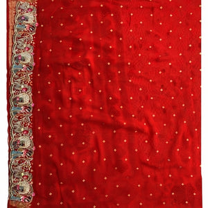 Red Georgette Unstitched Saree With Sequins, Moti, Thread & Zari Work