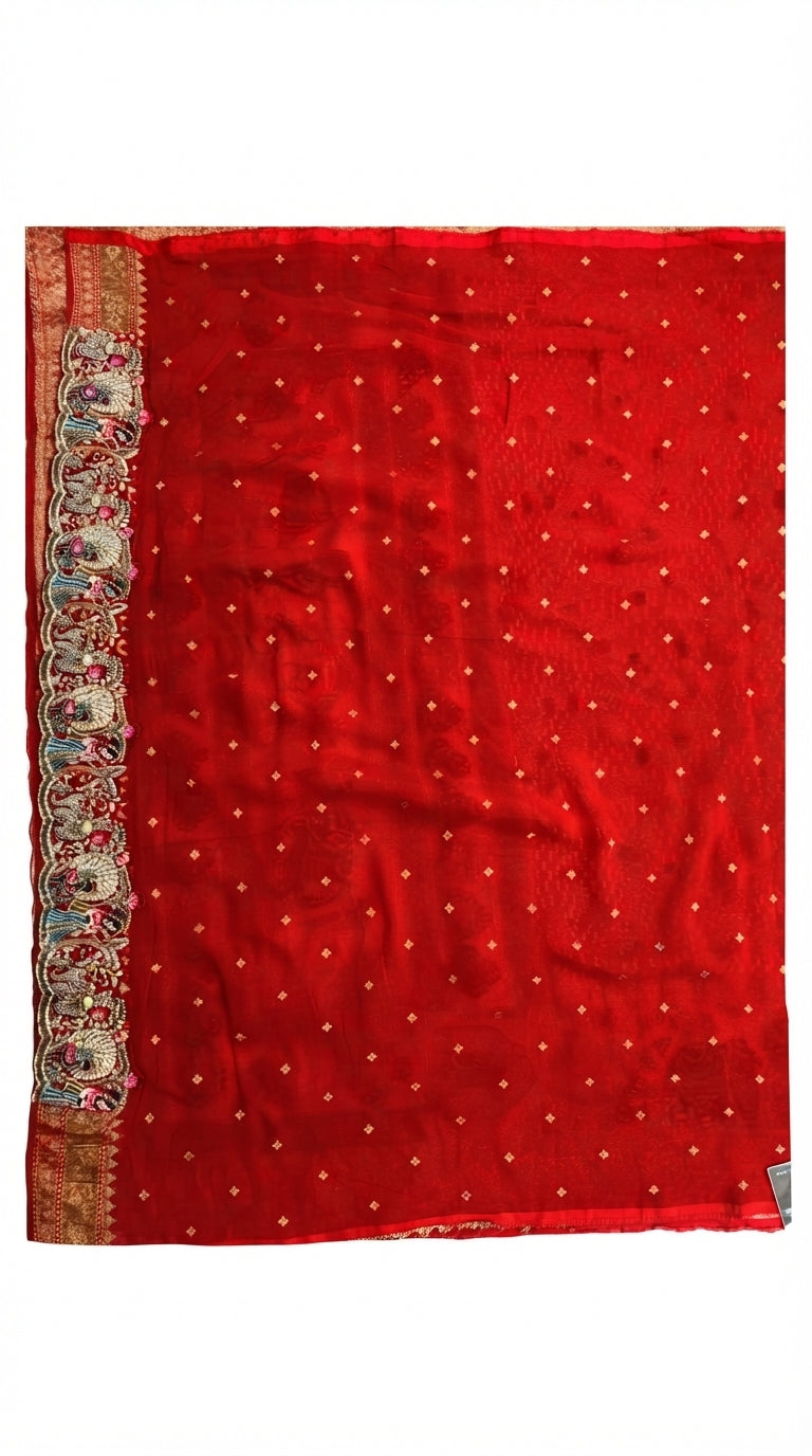 Red Georgette Unstitched Saree With Sequins, Moti, Thread & Zari Work