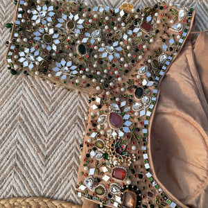 Beige Organza Saree & Net Blouse Embellished With Stone, Moti, Mirror & Kundan Work