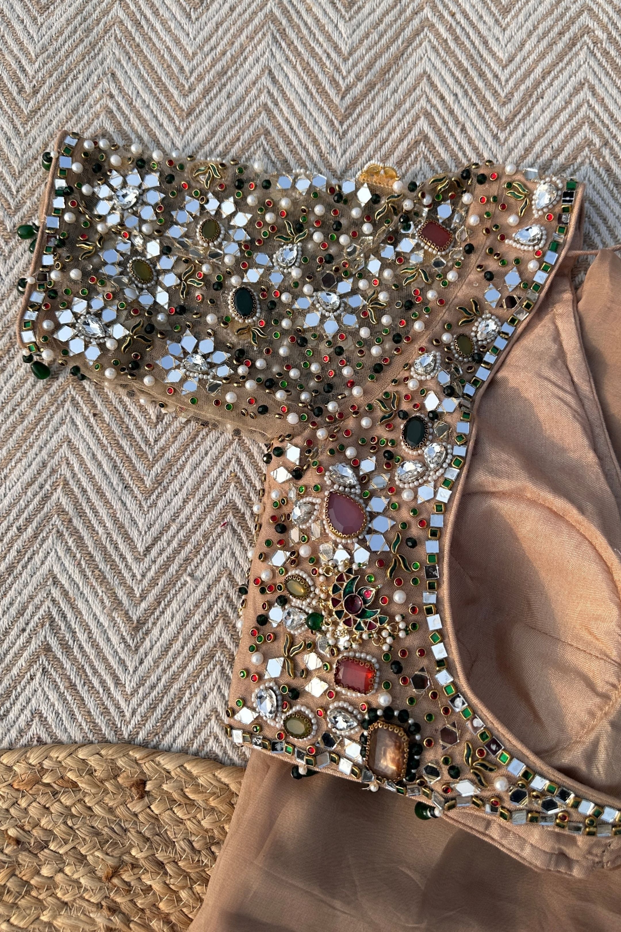 Beige Organza Saree & Net Blouse Embellished With Stone, Moti, Mirror & Kundan Work