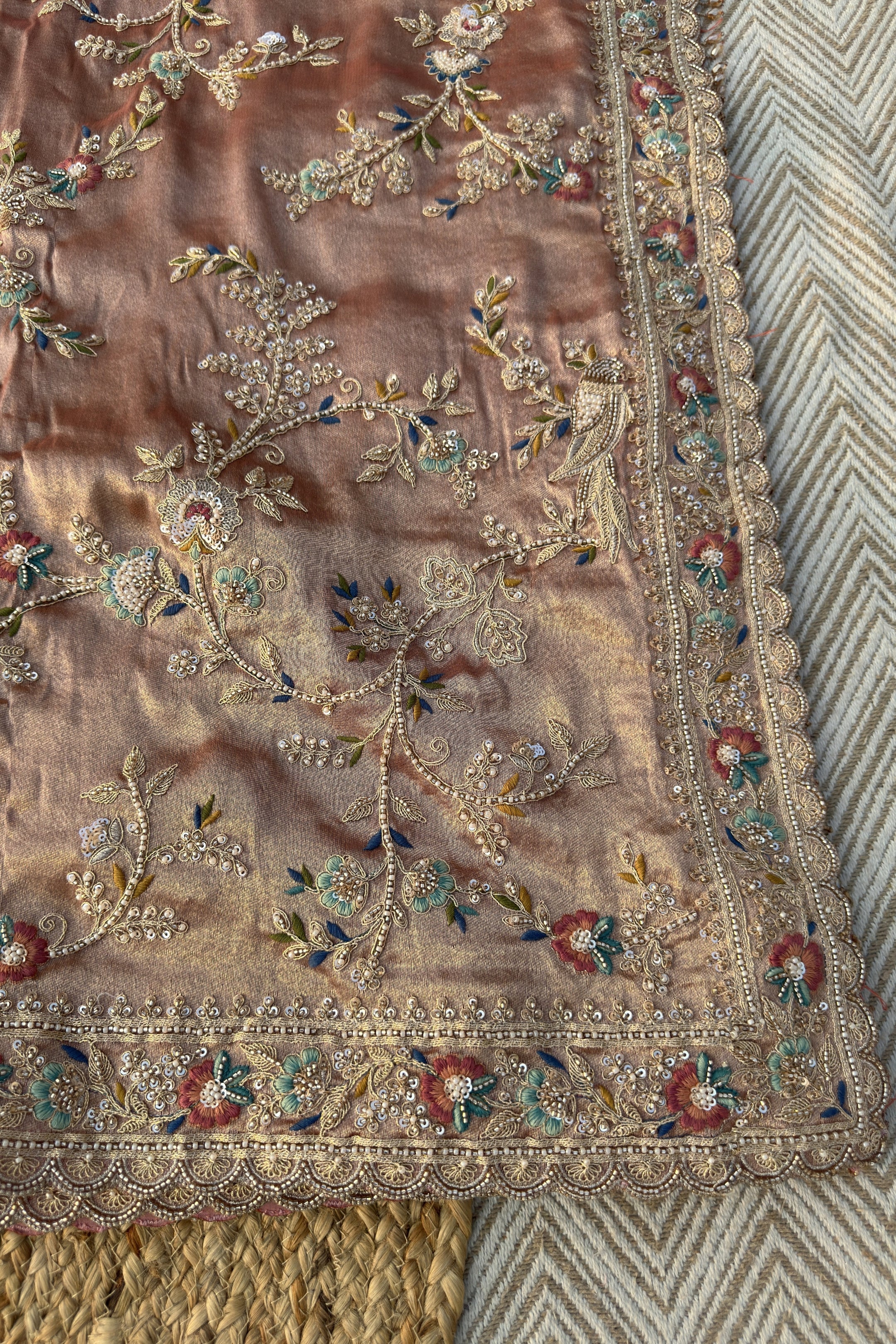 Pink Tissue Saree Embellished With Moti, Thread, Sequins & Cut Dana Work