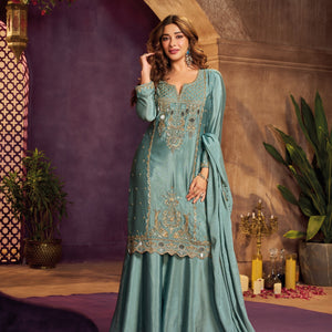 Dusty Teal Blue Chinon Suit, Sharara And Dupatta with Zari, Cutdana, Sequins and Mirror Work