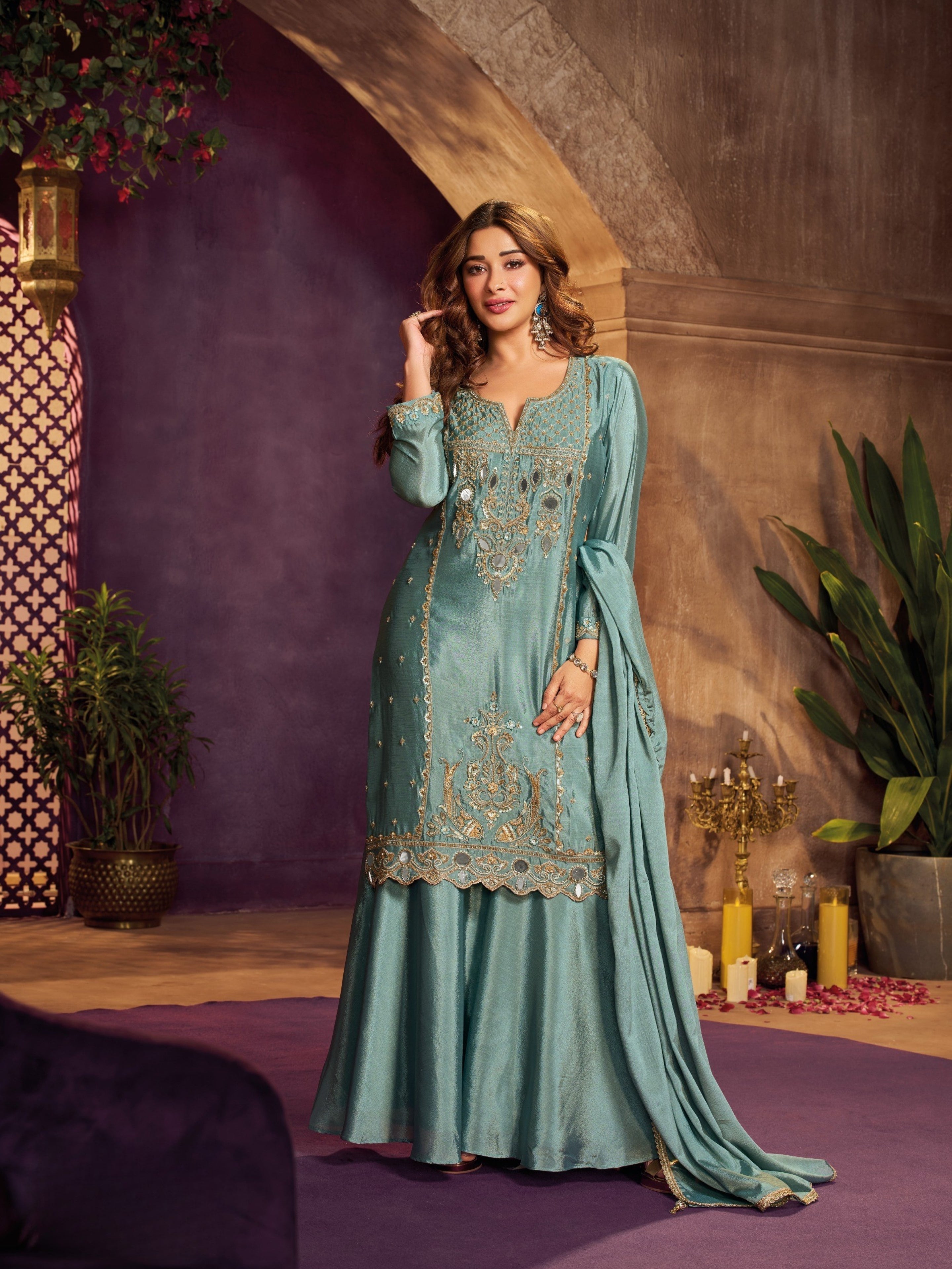 Dusty Teal Blue Chinon Suit, Sharara And Dupatta with Zari, Cutdana, Sequins and Mirror Work