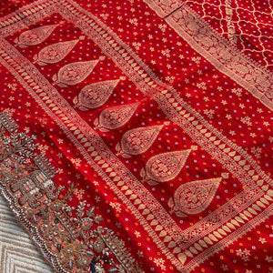 Red Georgette Unstitched Saree Embellished With Zarkan, Sequins, Thread & Cutdana work