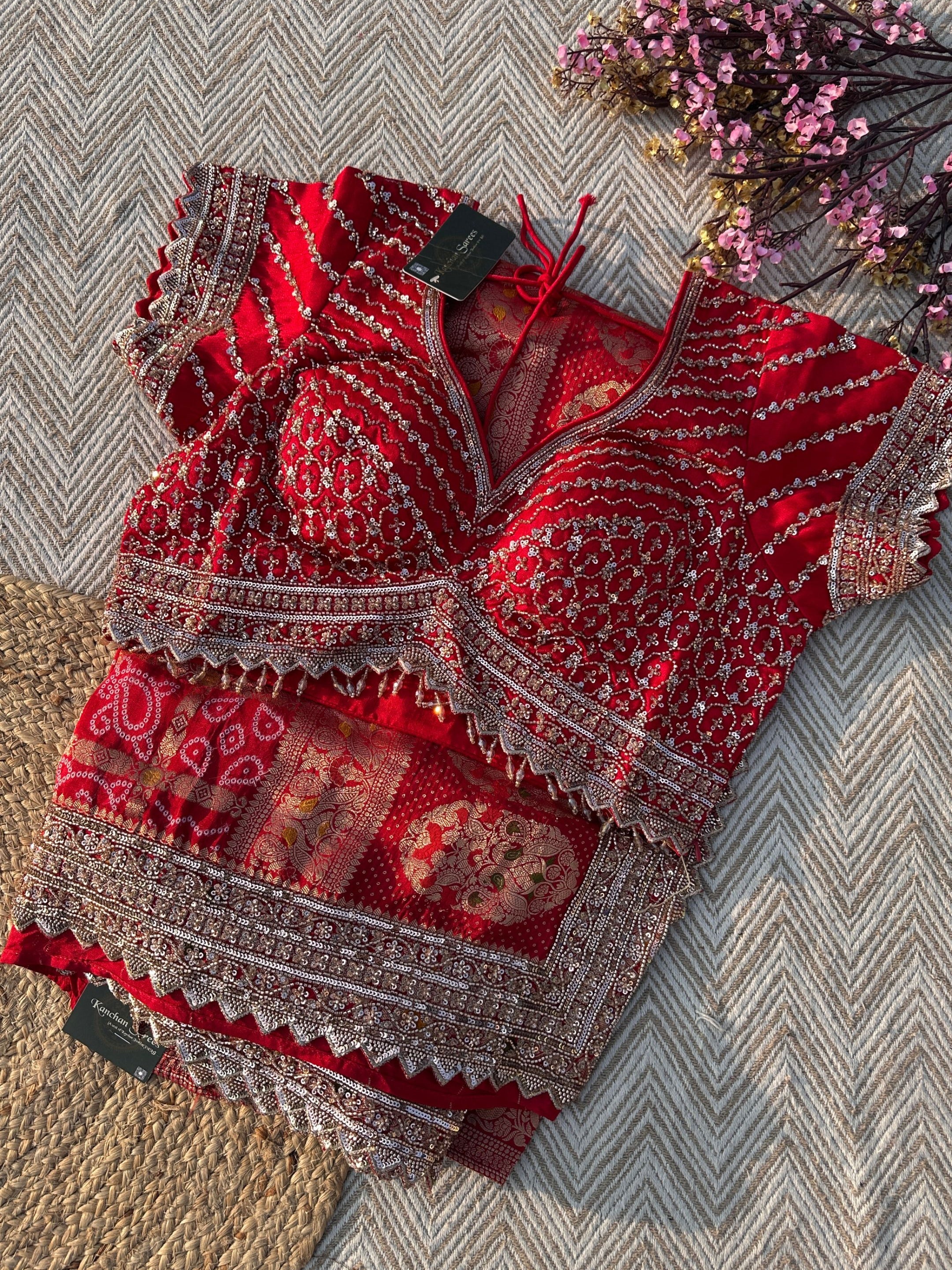 Red Crepe Saree with Silk Blouse with Cutdana, Sequins and Weaving Embroidery 1
