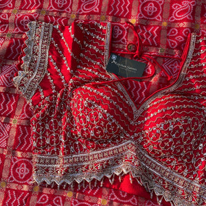 Red Crepe Saree with Silk Blouse with Cutdana, Sequins and Weaving Embroidery 10