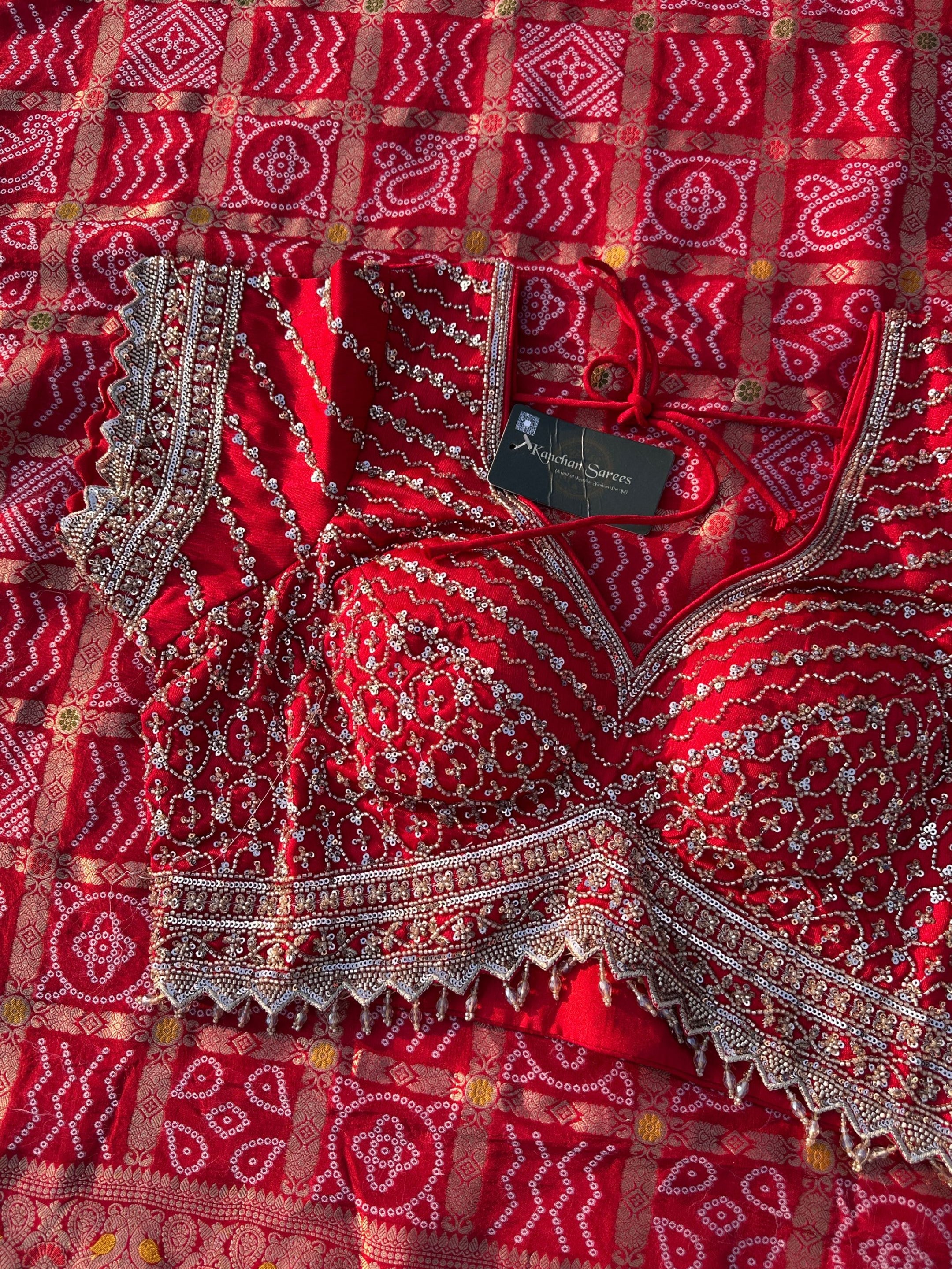 Red Crepe Saree with Silk Blouse with Cutdana, Sequins and Weaving Embroidery 10