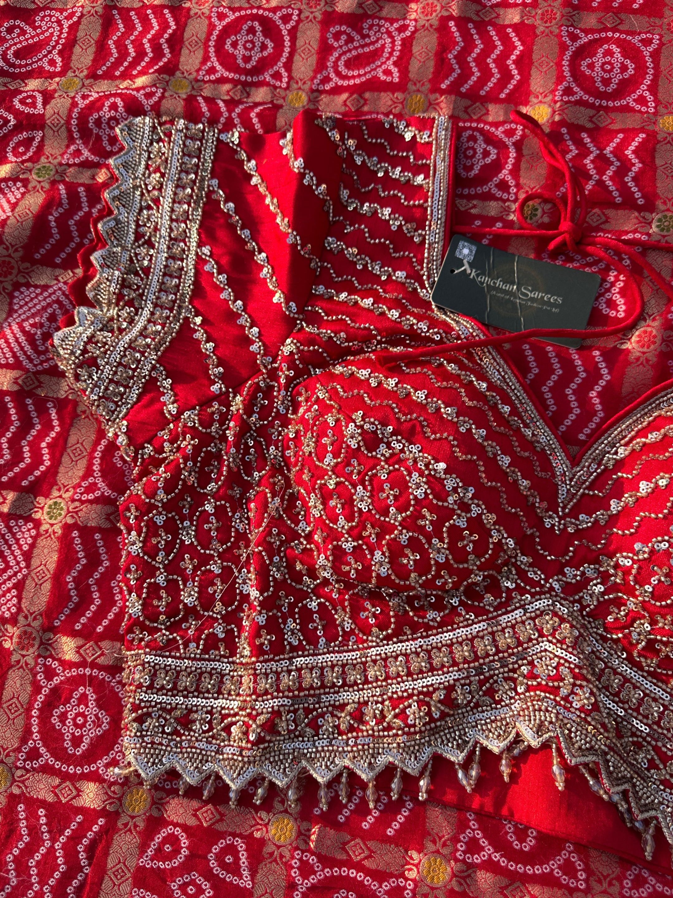 Red Crepe Saree with Silk Blouse with Cutdana, Sequins and Weaving Embroidery 11