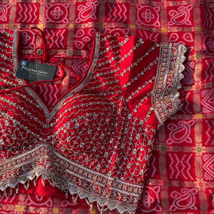 Red Crepe Saree with Silk Blouse with Cutdana, Sequins and Weaving Embroidery 12