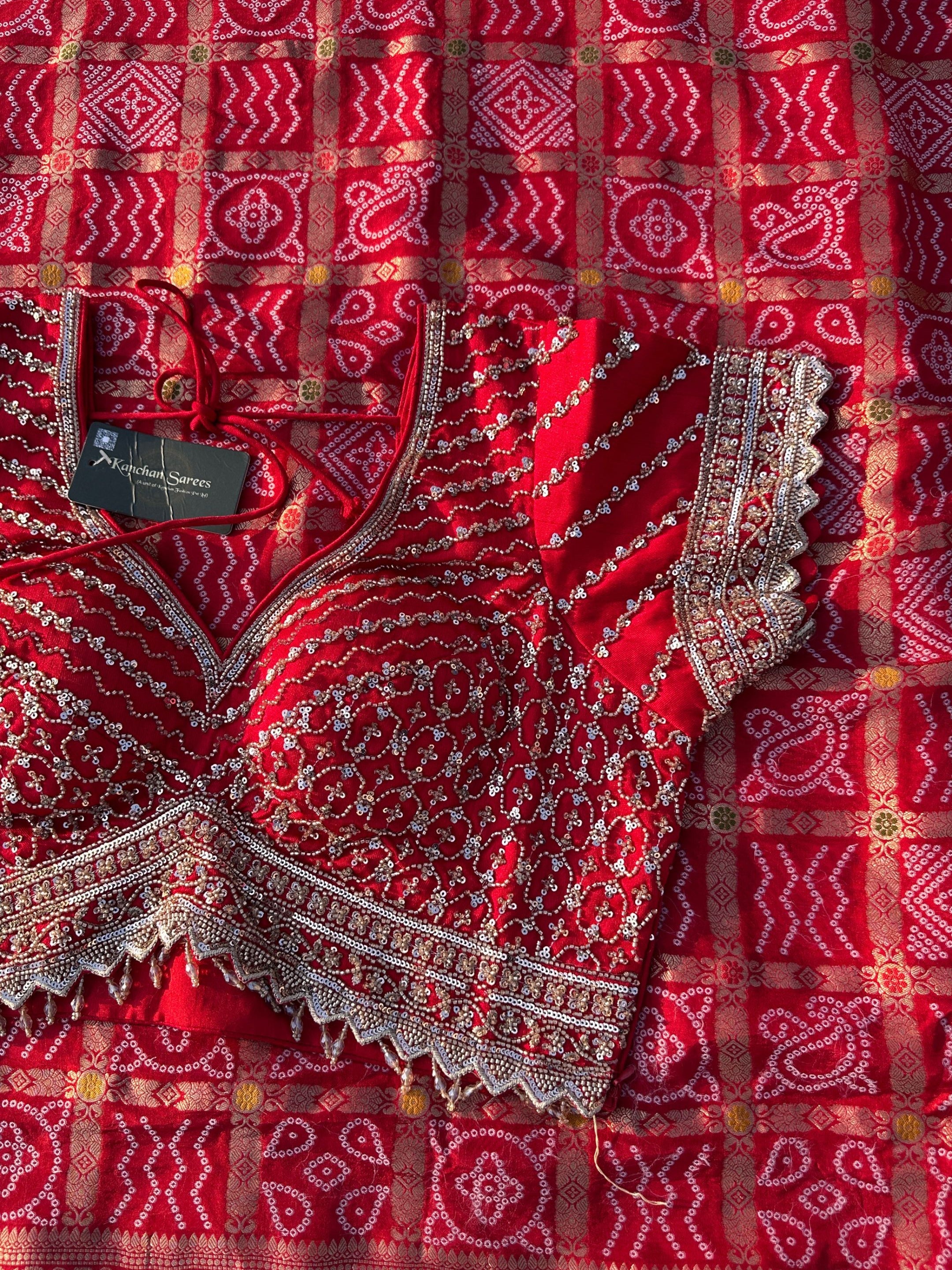 Red Crepe Saree with Silk Blouse with Cutdana, Sequins and Weaving Embroidery 12