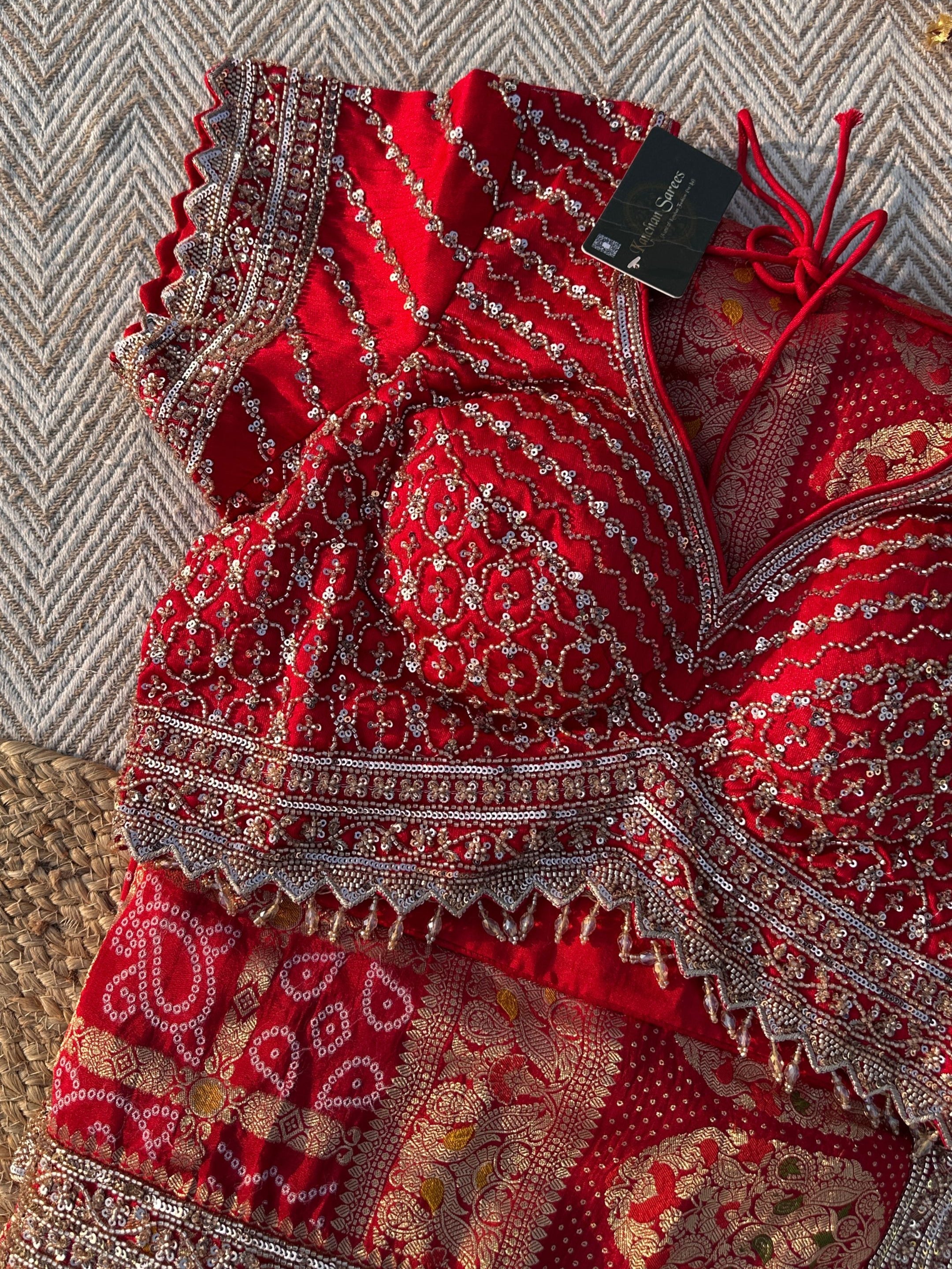 Red Crepe Saree with Silk Blouse with Cutdana, Sequins and Weaving Embroidery 2