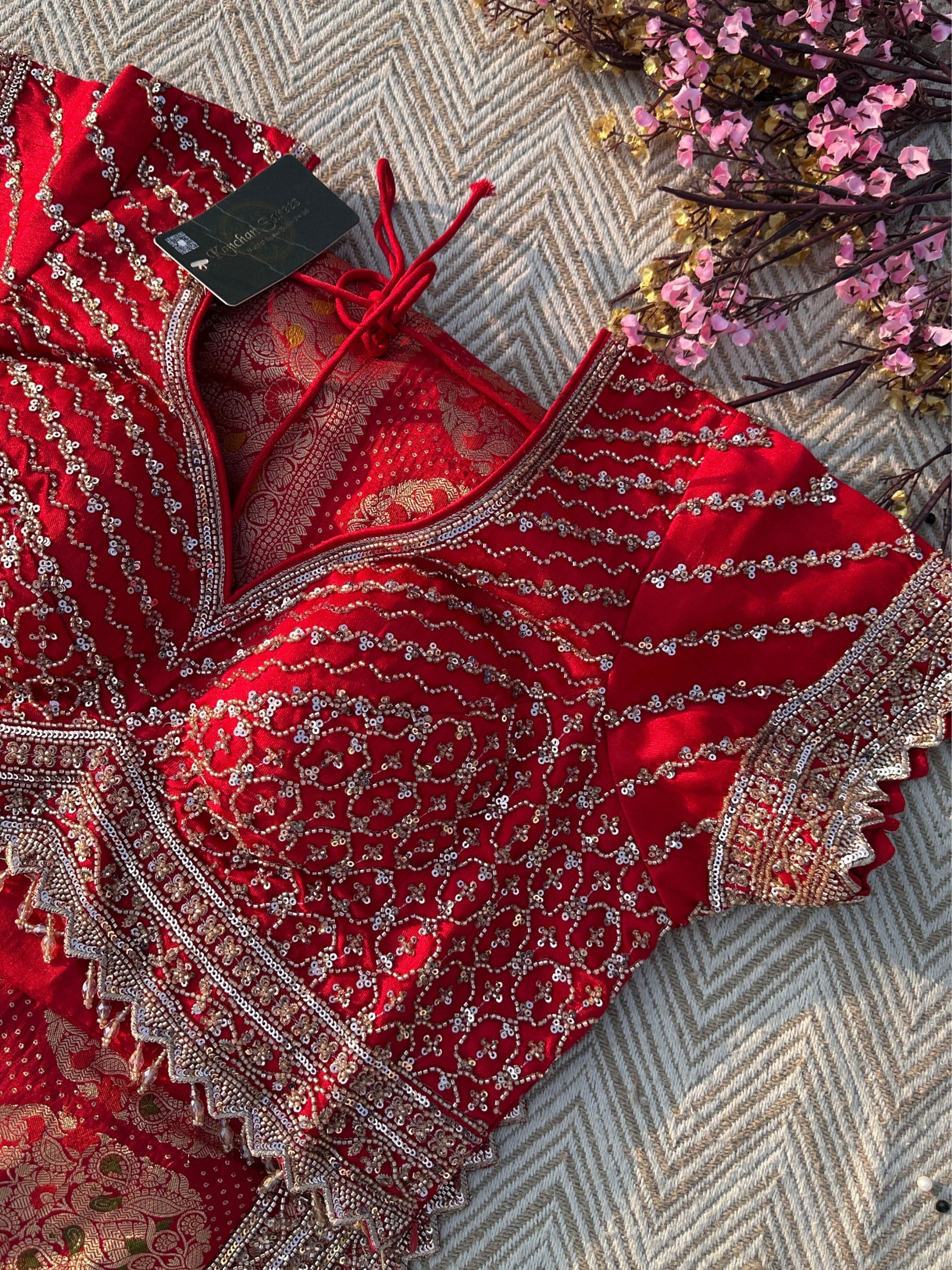 Red Crepe Saree with Silk Blouse with Cutdana, Sequins and Weaving Embroidery 3