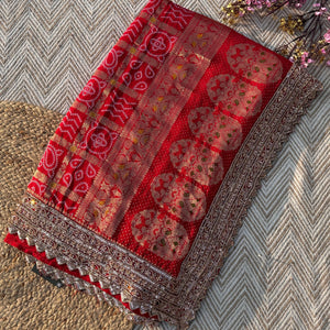 Red Crepe Saree with Silk Blouse with Cutdana, Sequins and Weaving Embroidery 4