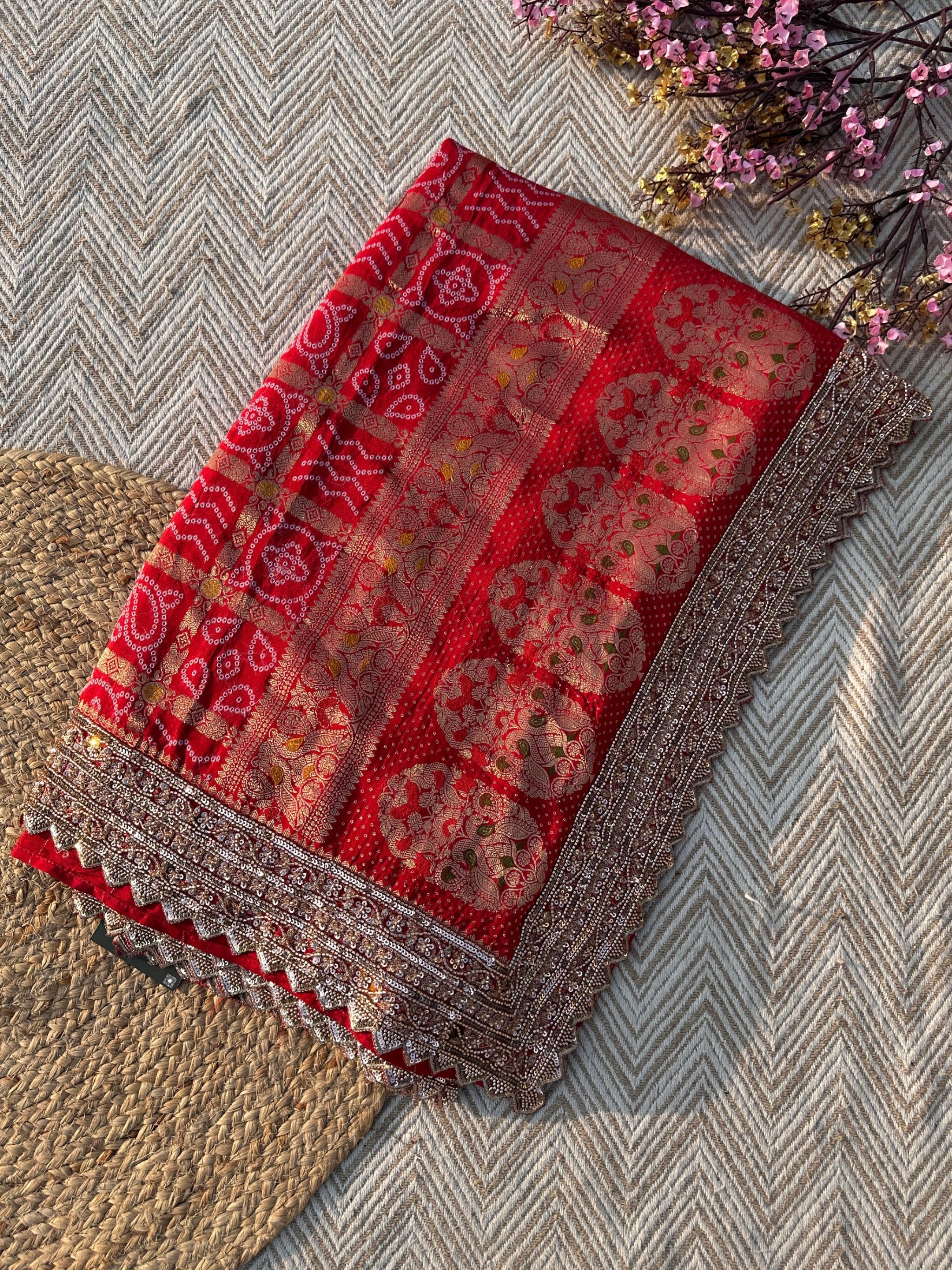 Red Crepe Saree with Silk Blouse with Cutdana, Sequins and Weaving Embroidery 4