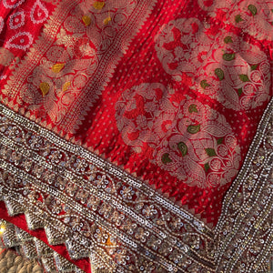 Red Crepe Saree with Silk Blouse with Cutdana, Sequins and Weaving Embroidery 5