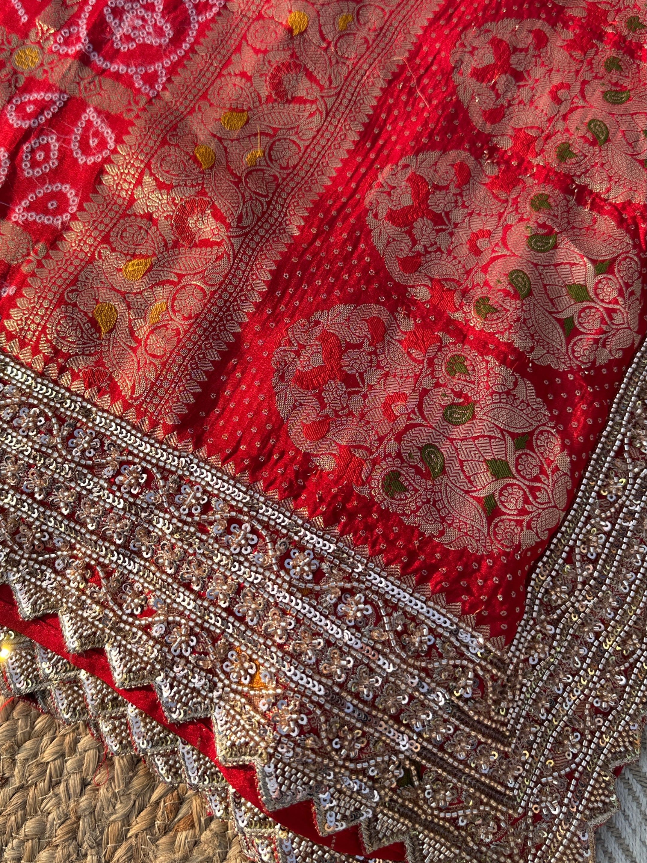 Red Crepe Saree with Silk Blouse with Cutdana, Sequins and Weaving Embroidery 5