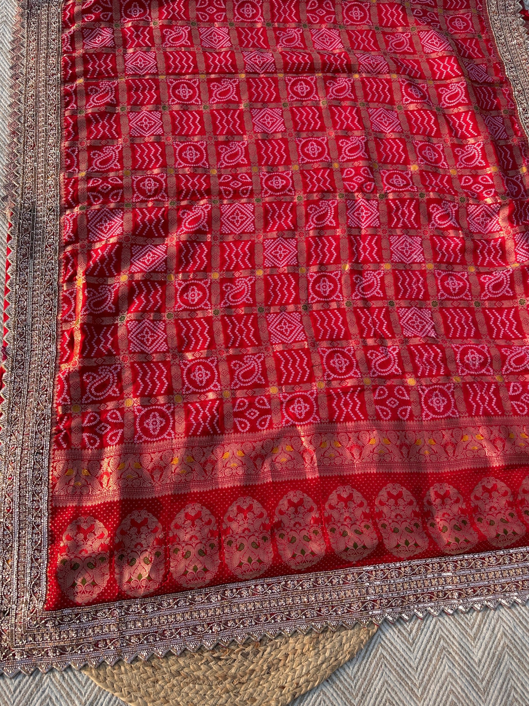 Red Crepe Saree with Silk Blouse with Cutdana, Sequins and Weaving Embroidery 6